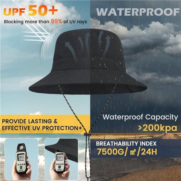 Unisex Waterproof Bucket Rain Hat Wide Brim Packable Sun Hat
